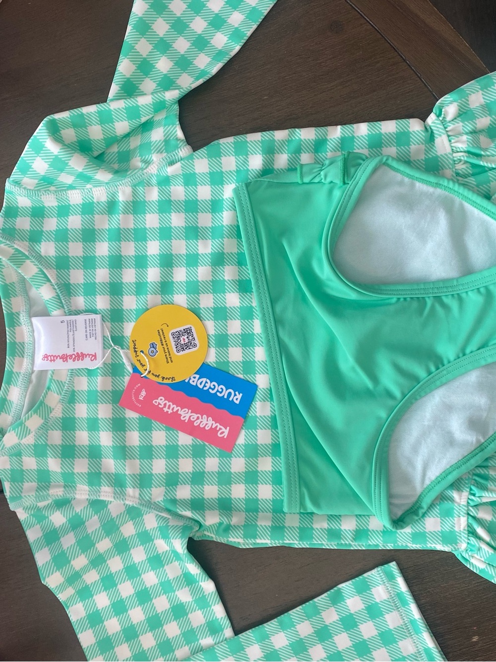 Ruffle Butts Mint Gingham Long-Sleeve One-Piece with Solid Mint Bottoms